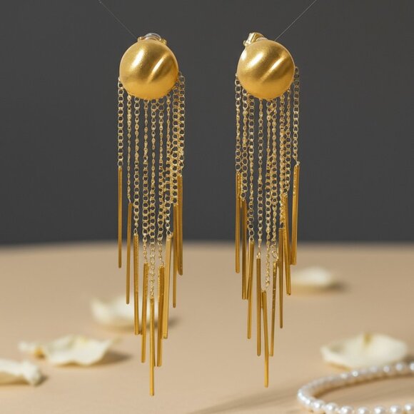 🆕 Minimalist Gold Fringe Drop Earrings 18K Gold Plated Stainless Steel - Picture 6 of 9